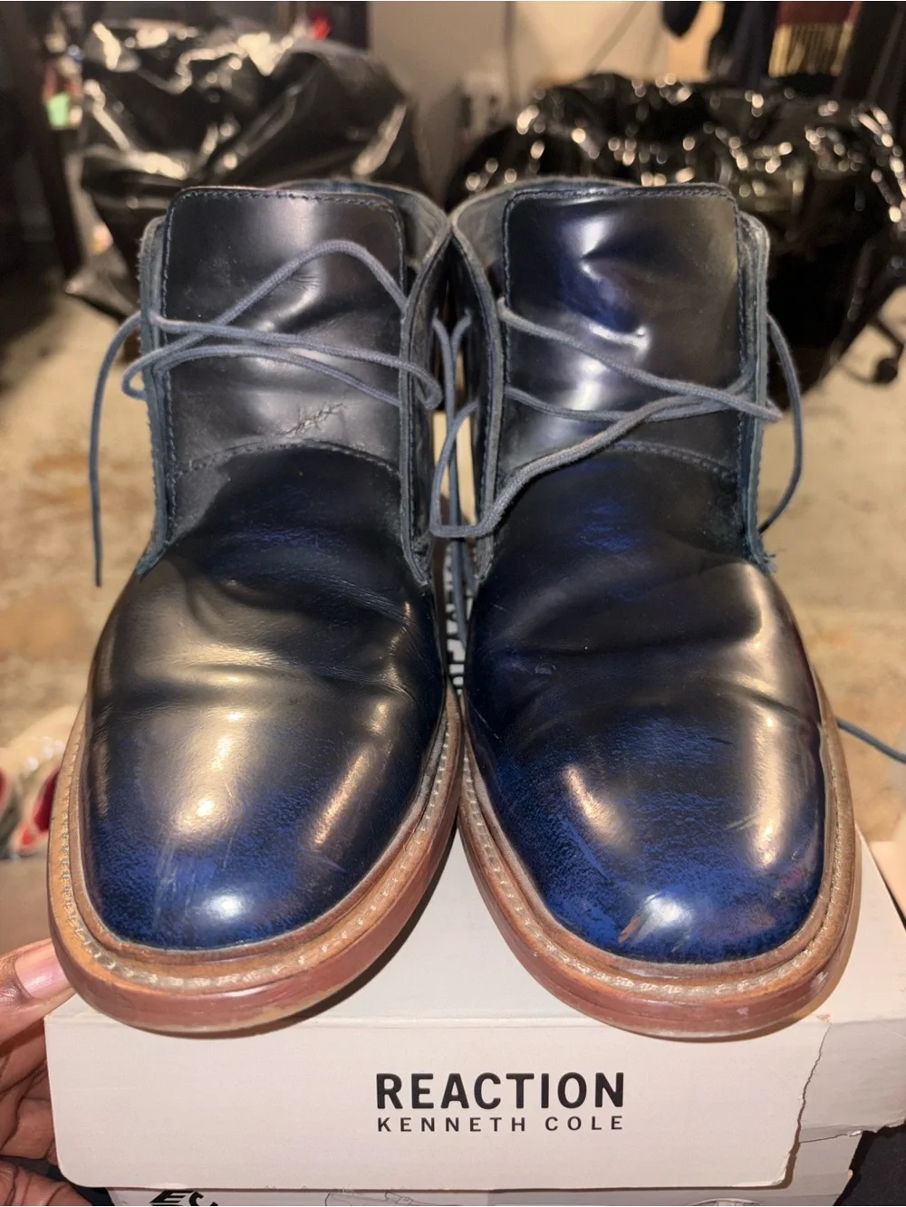 Penguin Men's Navy Leather Chukka Boots with Tan Stacked Sole